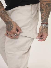Men's Cargo Pants In Twill Fabric, Comfortable Oversized Casual Fit With 6 Pockets, Skate Style - 米色 - 查看 4