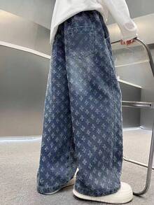 Autumn/Winter New 13Y-16Y Teen Fashion Loose Comfortable Embroidered Blue Denim Jeans - Dark Wash - View 4