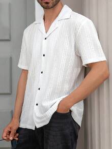 Men's Cuban Collar Jacquard Casual Button-Up Short Sleeve Shirt - White - View 4