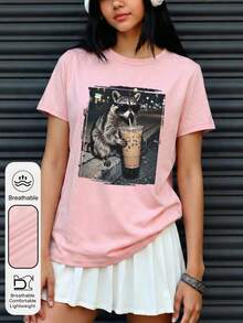 Women's Casual Short Sleeve Round Neck Top, Featuring Raccoon Drinking Coffee Graphic, Animal Expression Print Pink T-Shirt - Pink - View 3