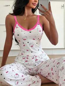 SANRIO Bộ đồ ngủ nữ 2 món họa tiết Hello Kitty, áo hai dây và quần dài mềm mại, đồ mặc nhà dễ thương và thoải mái. - trắng - Xem 1