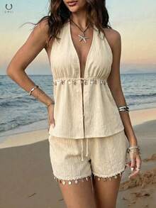 UMII 女士米色两件套露背吊带上衣，纹理面料饰有贝壳滚边和贝壳亮片流苏短裤，夏季波西米亚风海滩度假休闲装 - 杏色 - 查看 1