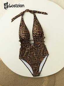 2026 性感优雅女士比基尼泳衣/时尚棕色格子连体泳衣/涤纶格子印花/深V领收褶修身泳衣/宽肩带露背挂脖连体泳衣/海滩度假/泳池派对/情人节/狂欢节/性感休闲装 - 彩色 - 查看 3