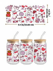 4件套法国斗牛犬蝴蝶结UV DTF转印贴纸，适用于16盎司Libbey玻璃杯（9.4x4.3英寸），可爱法斗犬泰迪熊红色粉色丝带防水包装纸，情人节DIY贴纸，无需加热 - Valentine 002 - 查看 5