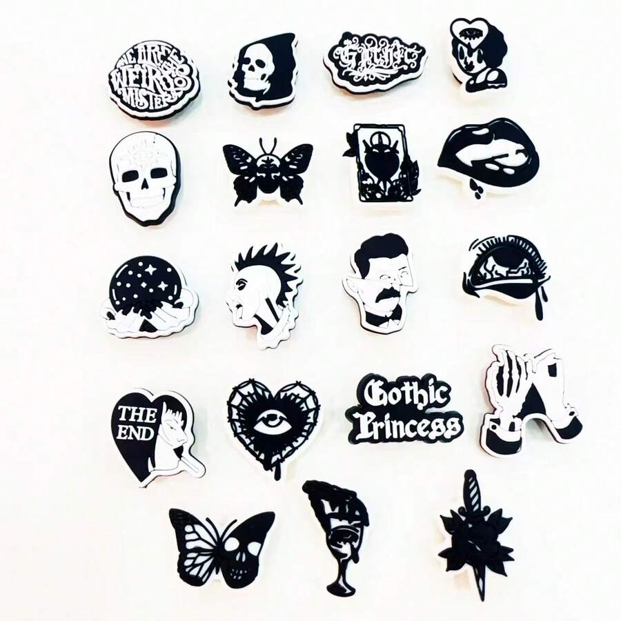 19 piezas de Encantos de zapatos con estilo gótico, hueco, excluyendo los zapatos - Blanco y Negro - Ver 1