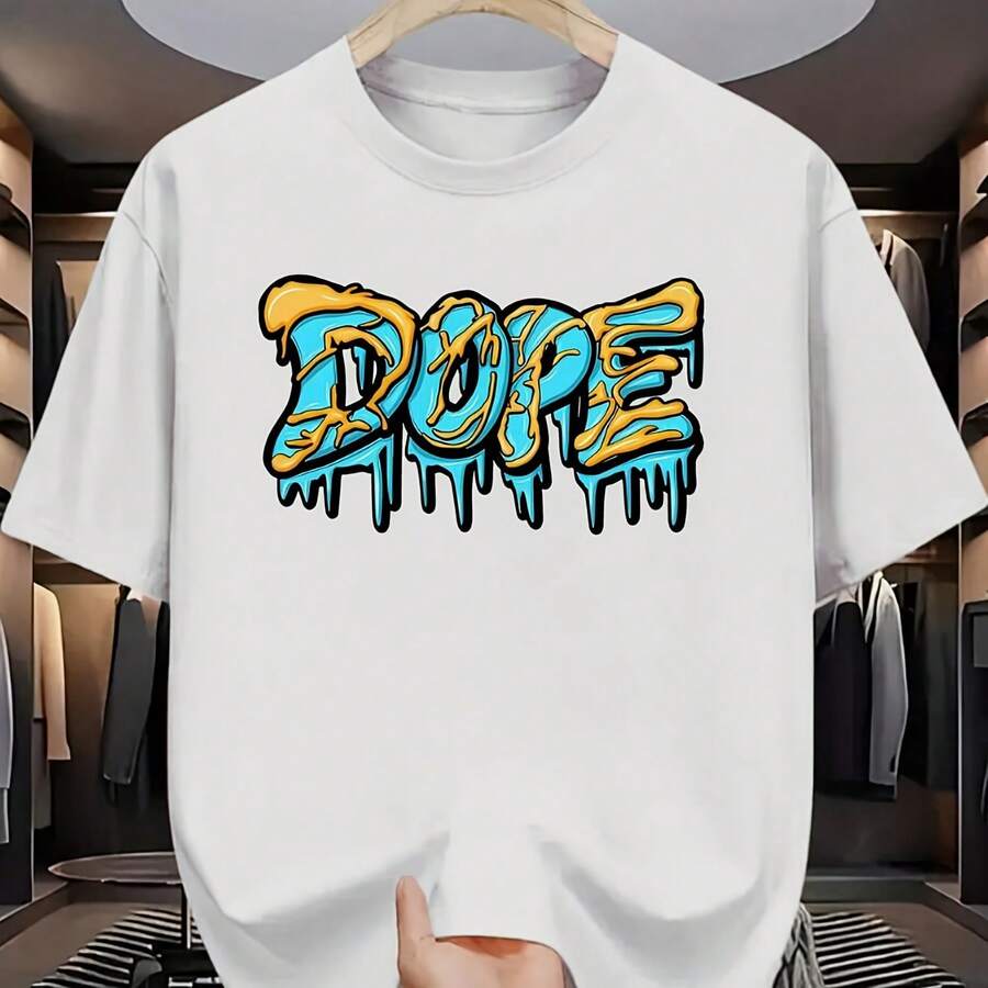 Men's Casual Cotton T-Shirt With Vibrant Graffiti DOPE Print, Round Neck, Regular Fit, Soft Knit Fabric, Machine Washable, All-Season Comfort For Adults - 款式 - 查看 1