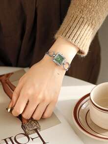 BIDEN 1 件女士手表，复古奢华银色手镯式手表，时尚简约优雅石英表，适合日常佩戴，女士礼物 - 綠色 - 查看 7