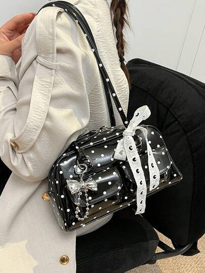 This 2026 New Sweet And Cool Polka Dot Shoulder Bag Features Bow And Scarf Embellishments. A Stylish And Versatile Women's Shoulder Bag With A Zipper Closure, It Can Hold Everyday Essentials, A Phone, And Cosmetics. Suitable For Commuting, Shopping, Outings, Dates, Short Trips, And Everyday Wear.