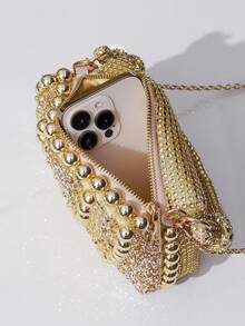 时尚奢华水钻装饰晚宴手提包，优雅手拿包，适合派对和活动，百搭女士钱包 - 金色 - 查看 8