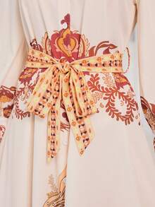 Women's Elegant Retro-Print Long-Sleeve Dress – Fitted Waist A-Line Silhouette, Ideal For Everyday Wear, Festive Parties & New Year's Celebrations - Apricot Orange - View 7