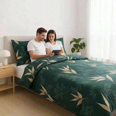 Conjunto de capa de edredom de 3 peças em algodão 100% com estampa de folhas douradas em verde escuro, 160x200 / 180x200 cm, elegante e natural, com fronhas com zíper de 70x80 cm, capa de edredom respirável.