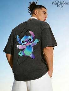 Disney Printed Wash Water T-Shirt,Men's Disney Stitch Short-Sleeve Graphic T-Shirt,Unisex,High-Quality Pure Cotton T-Shirt,Suitable For All Seasons, Comfortable And Breathable| Exquisite Design | The Best Choice For Giving Gifts - 黑色 - 查看 2