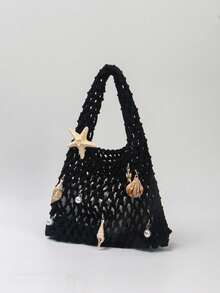 BAILEE Bolso de mano de poliéster de colores de moda con patrón tejido a mano y colgante de océano, adecuado para vacaciones - Negro - Ver 6