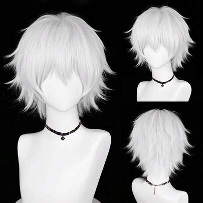 白色男士短直发合成假发，带刘海，动漫游戏角色扮演蓬松耐热假发，适合日常派对