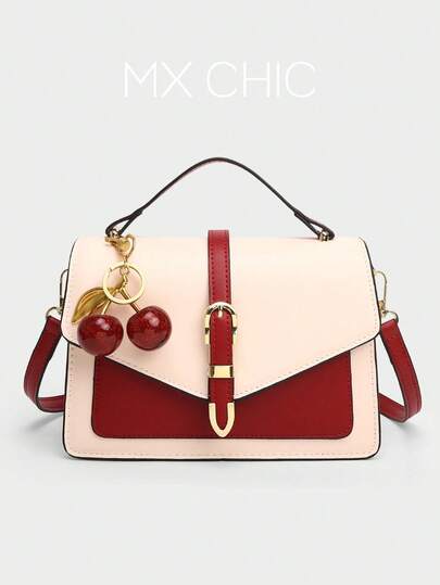 1pc Women's Color Block PU Handbag, Fashion Multi-Compartment Retro Shoulder Crossbody Bag With Cherry Pendant, Suitable For Commuting, Shopping, And Gift