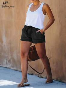 Plus Size Women Pocketed Frayed Hem Casual Loose Denim Shorts Black Summer - Black - View 5