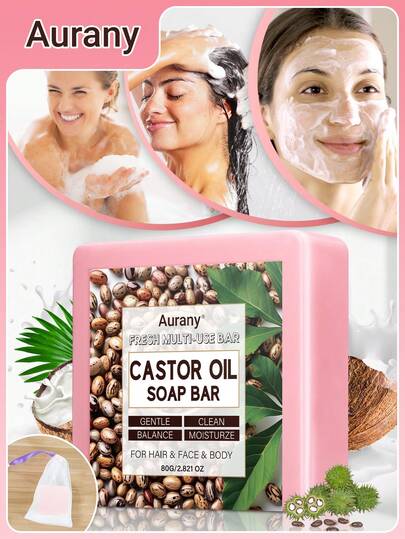 AURANY 80g Jabón de aceite de ricino refrescante de verano - Jabón hidratante con aceite de coco, manteca de karité, glicerina, sin alcohol, apto para limpieza corporal/capilar/facial, jabón hidratante unisex, ideal para verano y como regalo