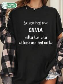 White Oversized Women's T-Shirt With Italian Text Print "Se Non Hai Una Silvia Allora Nella Tua Vita" – Casual Short-Sleeve Top With A Round Neckline, 220 G/M² Heavy Material, Year-Round Comfort, Design With Italian Phrase For Casual Wear And Layering, Minimalist Fashion Statement For Women, Geometric Pattern, Relaxed Fit, Breathable Material, Versatile Garment, T-Shirt With Italian Phrase, Streetwear For Women, Women's T-Shirt, Summer Clothing For Women. - màu đen - Xem 1