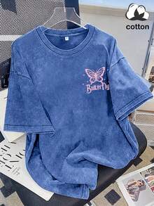 American Retro Distressed Butterfly Print Short-Sleeve T-Shirt For Women, Oversized Loose Cotton Short-Sleeve, High Street Style, Ins Anti-Wrinkle Washed Cotton T-Shirt - 寶藍色 - 查看 3