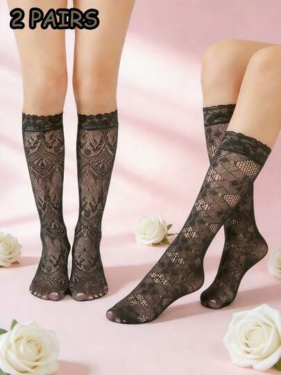 2 Pairs Women's Thigh High Socks, Fashion Jacquard Patchwork Mesh Leather Design, Minimalist Versatile For Daily Street Style