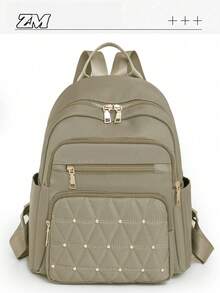 Mochila versátil de gran capacidad con remaches para mujer, bolso de mano, bolso de hombro, bolso de viaje, mochila escolar, bolso de mamá - Caqui - Ver 2