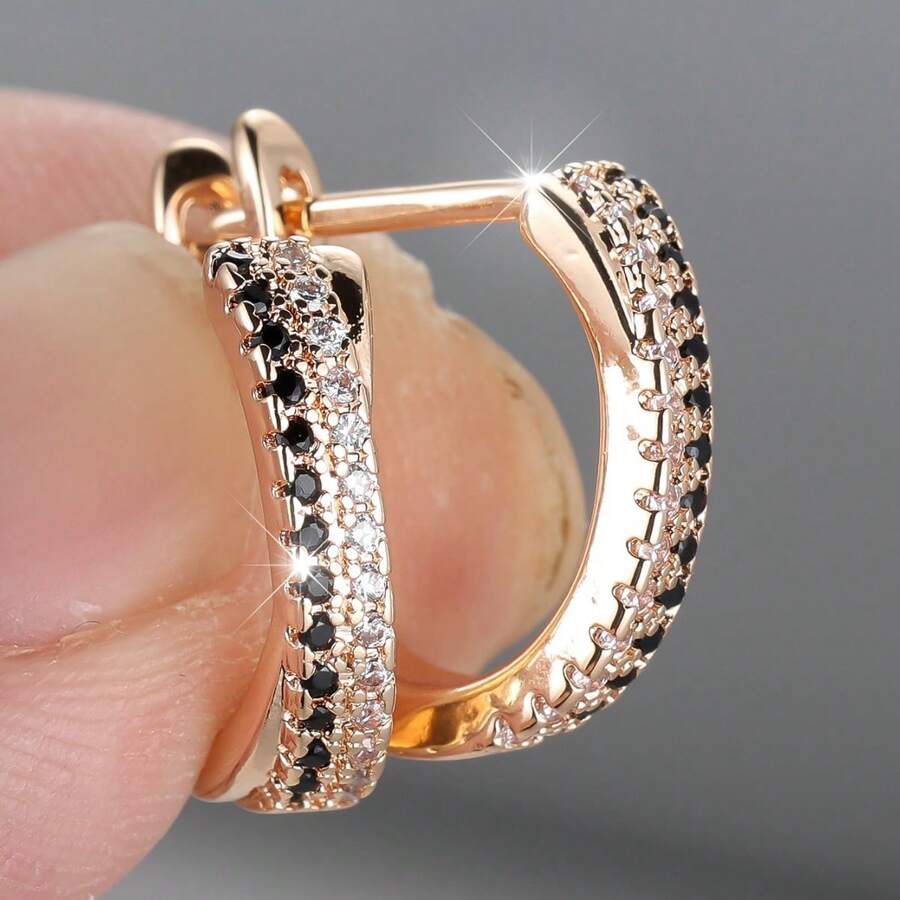 1 par de pendientes de aro con rayas de estilo europeo y americano, elegantes y versátiles de tono dorado para fiestas - Dorado - Ver 1