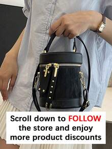 女士时尚小众圆柱形手提包，水桶包新款高端单肩斜挎包，零钱包，口红盒，多功能小众纹理链条邮差包，适合约会、购物、外出、通勤、日常搭配、办公、度假等场合。 - 黑色 - 查看 3