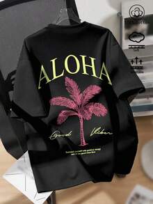 Damen-T-Shirt aus reiner Baumwolle, festliches Print-Top im Hawaii-Stil, Neuheit der Frühjahr/Sommer-Kollektion im College-Look, locker fallendes Kurzarm-Top, weich und atmungsaktiv - Schwarz - Übersicht 1
