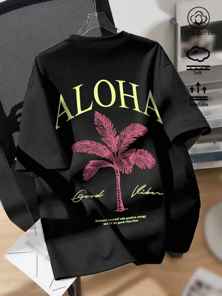 Damen-T-Shirt aus reiner Baumwolle, festliches Print-Top im Hawaii-Stil, Neuheit der Frühjahr/Sommer-Kollektion im College-Look, locker fallendes Kurzarm-Top, weich und atmungsaktiv - Schwarz - Übersicht 1