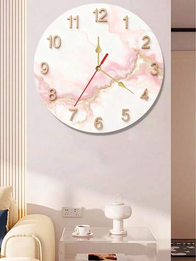 1 Pc 10 Inch/12 Inch 2D Flat Pink Marble Texture Pattern - Silent Clock With Pink Marble Wooden Theme Design Wall Clock, Suitable For Living Room, Bedroom, Kitchen Decoration, Home Abstract Art Wall Clock Gift, Battery Powered (AA Batteries Not Included), 2D Flat