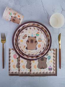 80/10pcs Cartoon Capybara Theme Party Supplies Set, 7/9 Inch Plates Cups Napkins Banners Tablecloth Set, Suitable For 10-80 Guests, Suitable For Birthday Picnic Camping Celebration Decoration - Multicolor - View 6