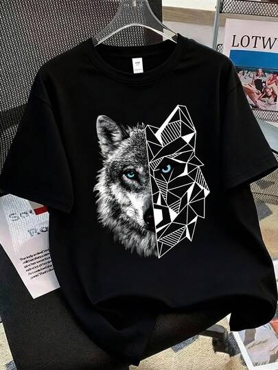 Boys' Short Sleeve T-Shirt With Wolf Head Print, Featuring Realistic Geometric Wolf Head Design With Blue Eyes, Casual Round Neck Loose Fit Tee Suitable For Students, Daily Wear, School, Work
