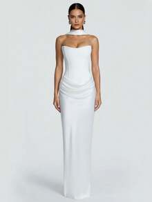 Cornelia Women's Sexy Spaghetti Strap Fitted Long Dress, Summer Satin Pleated Dress With Tie Back, Elegant For Birthday Party, Black - White - View 1