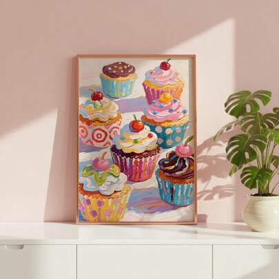 1幅色彩缤纷的唯美甜点墙画，多巴胺风格甜蜜点心帆布印刷画|可爱学院风纸杯蛋糕装饰画，适合女生宿舍、公寓、厨房、卧室、客厅或办公室家居装饰，宿舍必备，粉彩美食艺术海报，送给她的礼物，可选择无框或有框