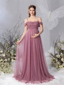 Faeriesty Dressalisa 优雅露肩露背婴儿派对礼服，后背系带可调节，A字廓形飘逸——完美适用于婴儿派对、正式活动、婚礼招待会、盛大晚宴和孕妇写真拍摄。春季 - 藕粉色 - 查看 8