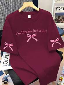 Plus Size Women's Round Neck Letter & Bow Print Casual Versatile Daily Short Sleeve T-Shirt Summer - Burgundy - View 2