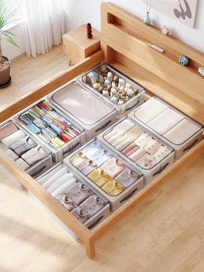 1个床底收纳盒，扁平可折叠，大容量，透明可视设计，防尘防潮，方便存放衣物、被褥、鞋子和杂物，是家庭和宿舍必备的收纳小工具。