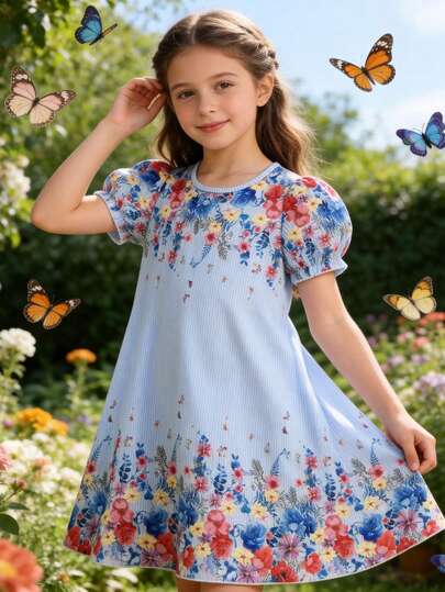 Tween Girls' Casual Elegant Striped Floral Bowknot Decor Round Neck Puff Sleeve A-Line Dress, Suitable For Outdoor, Vacation, Social Gatherings, Spring/Summer
