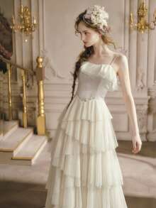 Elegant Romantic Wedding Guest Tulle Spaghetti Strap Party Evening Tie-Up Ruffle Hem Princess Dress - Apricot - View 5