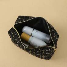 Chic Tweed Cosmetic Bag Black With Gold Zipper Large Capacity Travel Toiletry Pouch - Multicolor - View 5
