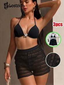 2026性感比基尼泳衣/女士优雅三件套/黑色尼龙系带露背比基尼，饰有闪亮海星/休闲半透明麦秆图案黑色短裤/时尚舒适的比基尼，适合海滩度假、泳池派对、情人节、狂欢节等场合，关注店铺，开启夏日假期 - 黑色 - 查看 6