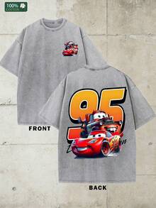 Disney-Car Mobilization Lightning McQueen Bent Teeth T-Shirt Retro Distressed Washed Cartoon Print Short Sleeved Shirt For Men And Women, Loose Half Sleeved Top For Couples - Màu Xám nhạt - Xem 3