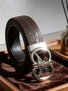 男士时尚重金属合金自动扣皮带，牛头图案皮带扣，高品质PU皮革，压印凤凰尾纹图案，适合日常佩戴，朋克休闲风，理想礼物 - 彩色 - 查看 3