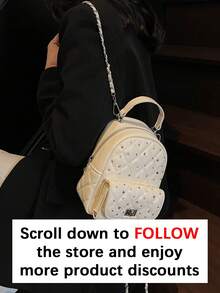 新款春夏水钻刺绣女士时尚双肩包，休闲简约质感日常百搭手提包，纯色韩版小众设计，水钻装饰，极具吸引力，适合上学、上课、约会和晚餐等场合。 - 白色 - 查看 3