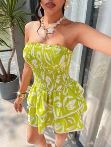 AIJ Amarilo Women Sleeveless Strapless Shirred Ruffle Hem Mini Dress Casual Elegant Sexy Flounce Hem Fit And Flare Woven Fabric Vacation Summer - Grass Green - View 3