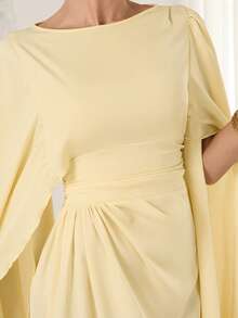 Women's Elegant French-Style Romantic Long Dress – Smooth Fabric, Pleated Details, Cinched Waist At Back, Flared Skirt, Long Sleeves & Slit Cuffs, Ideal For Afternoon Tea Gatherings, Parties & Middle Eastern-Inspired Occasions - Pale Yellow - View 7