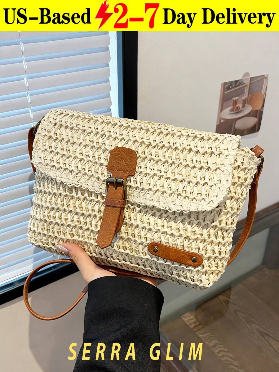 Retro-Chic Woven Tote Bag Beach Vacation Straw Crossbody Bag Summer Casual Messenger Bag Vintage Rustic Handbag Forest Cottagecore Handbag Inspired Woven Bag-Perfect For Beach Trips Vacations Commuting Parties Birthday Gifts Valentine's Day Gifts Mother's Day Gifts - 米白色 - 查看 1