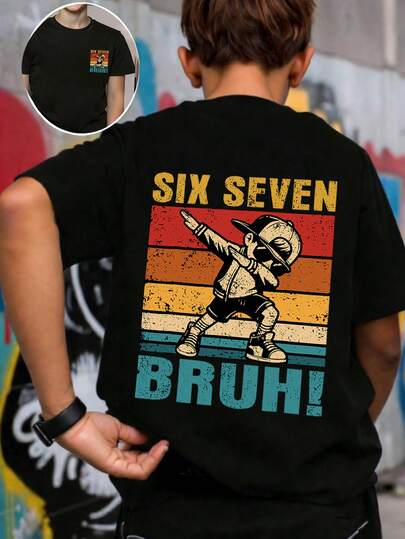 青少年男孩“Six Seven Bruh”字母图案T恤，印有Dab舞姿势，适合男孩派对、街头、活动穿着，夏季上衣