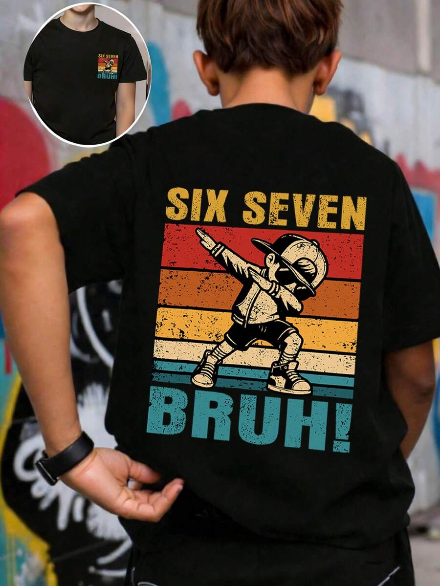 青少年男孩“Six Seven Bruh”字母图案T恤，印有Dab舞姿势，适合男孩派对、街头、活动穿着，夏季上衣 - 黑色 - 查看 1