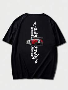 男士时尚赛车文化印花黑色圆领短袖T恤，夏季 - 黑色 - 查看 6